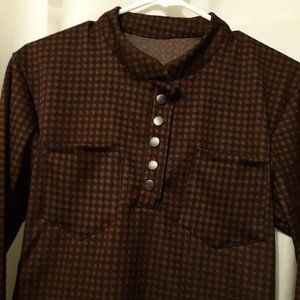Snap up Plaid check Henley T-shirt Top XS Wine Black long sleeve Pockets lounge